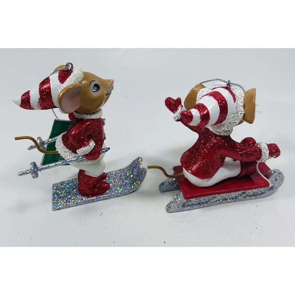 Kurt Adler Red White and Silver Mice Winter Sports Christmas Ornaments Lot of 2